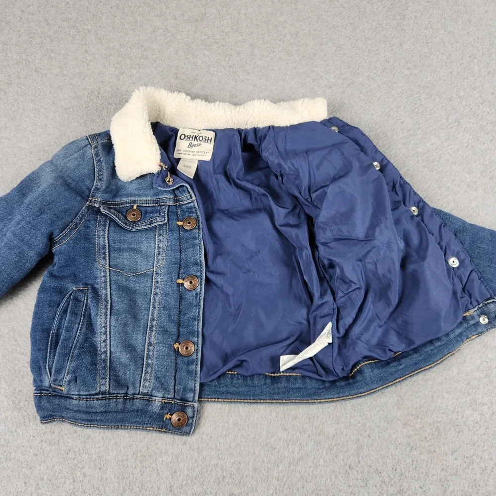 OshKosh B'gosh Trucker Jacket Girls 6/6X Blue Denim Sherpa Collar Button Front